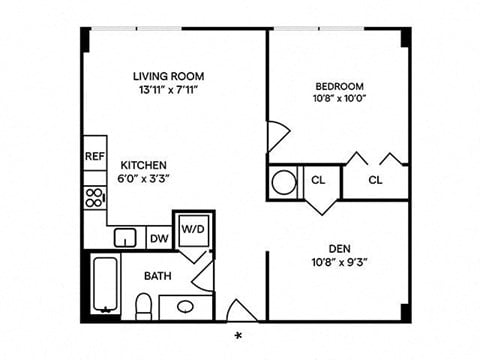 Floor plan for 1 bed, 1 bath, 648 sqft